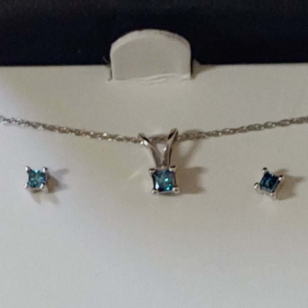 Princess Cut 1/5 CTTW  Blue Diamond Earrings and Pendant in 10K White Gold Set